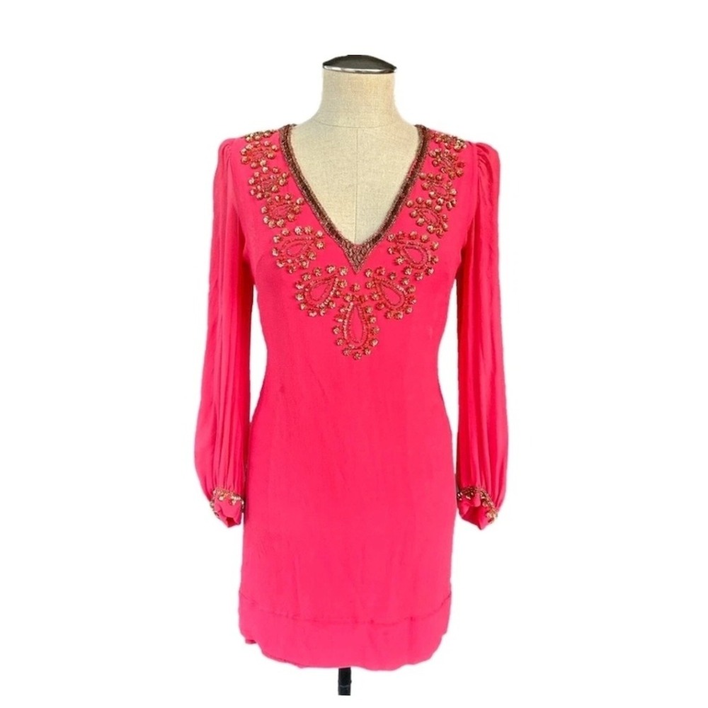 French Connection Shift Dress Silk-Georgette Sequined Coral V-Nick US10 UK14